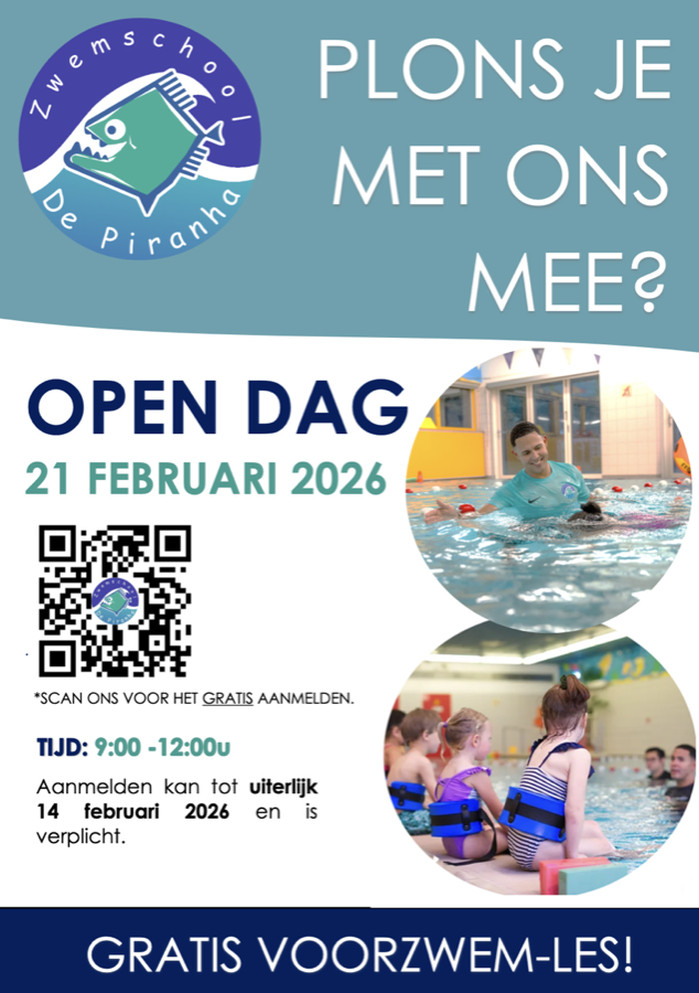 Poster for the Zwemschool De Piranha open day, 21 February 2026 (in Dutch)